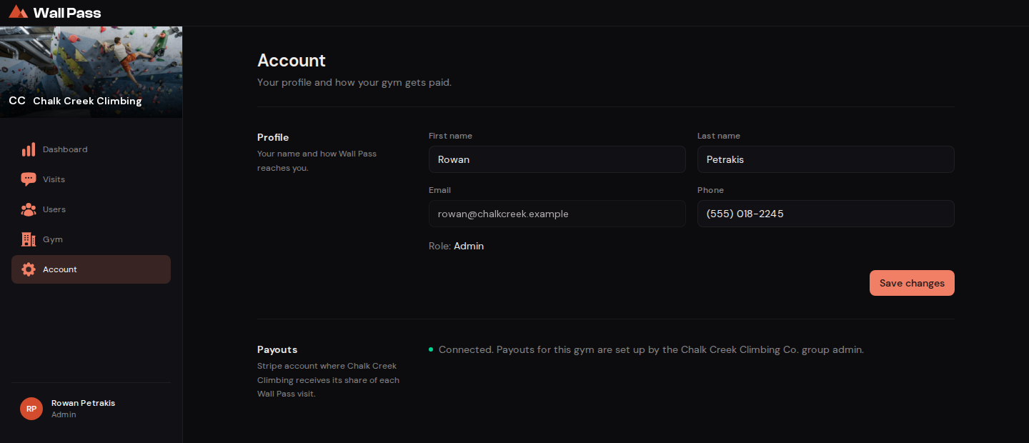 A gym admin's Account page showing payouts are connected and set up by the group admin