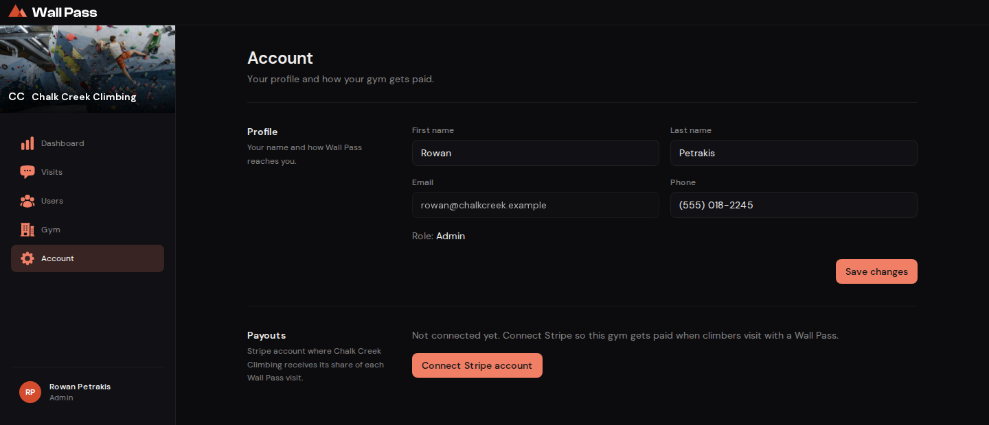 The Payouts section of the Account page before Stripe is connected