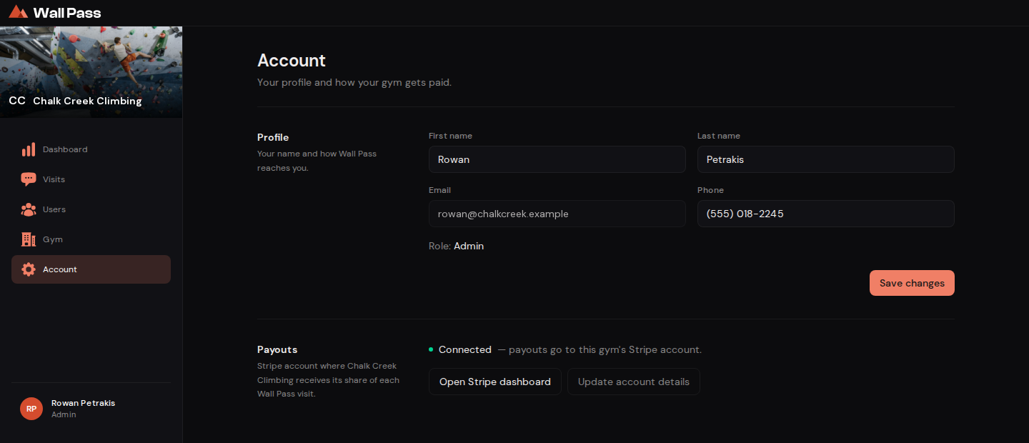 The Payouts section showing a connected Stripe account