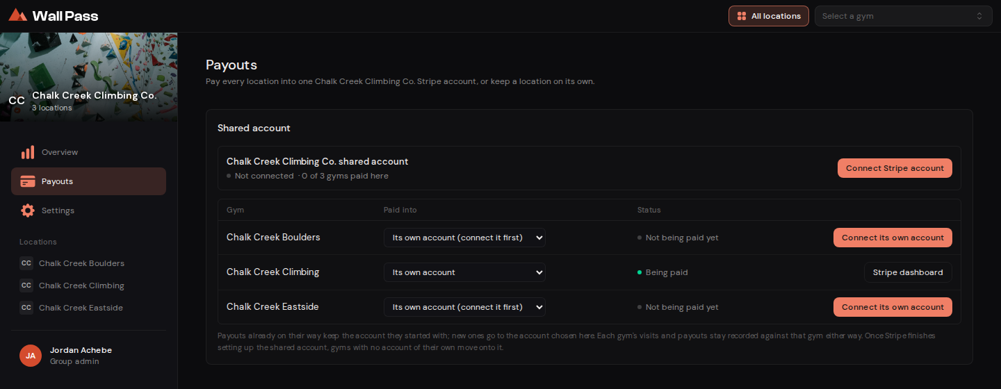 The group Payouts page before the shared account is connected, with one row per gym