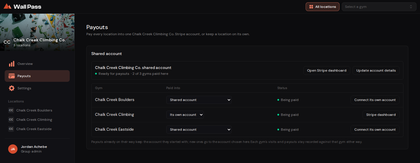 The group Payouts page with the shared account ready, two gyms on it and one on its own account