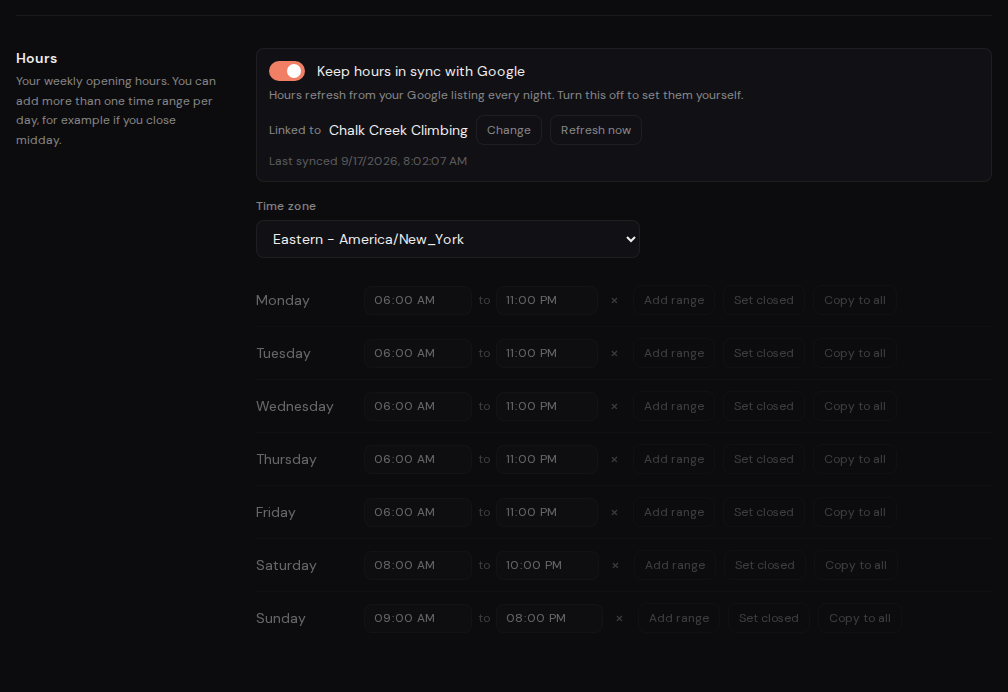 The Hours section in edit mode with the Google sync toggle, time zone and per-day ranges