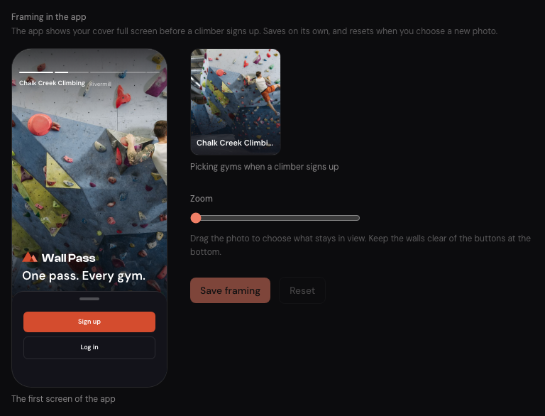 The cover photo inside a preview of the app's first screen, with a zoom slider and a Save framing button