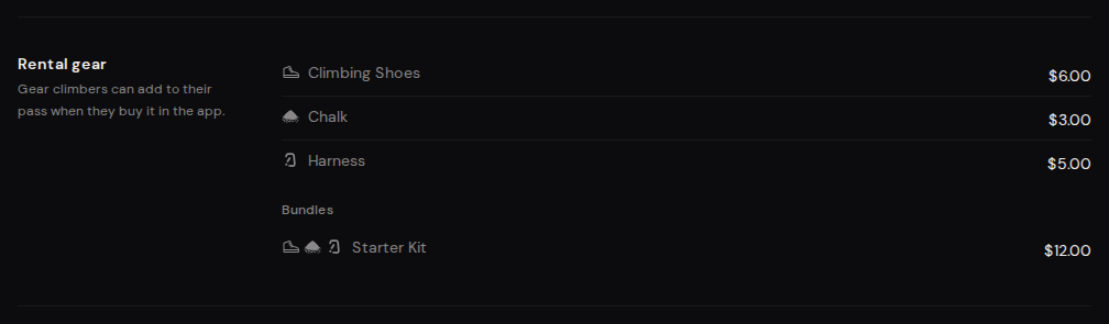 The Rental gear section with per-item prices and a Starter Kit bundle