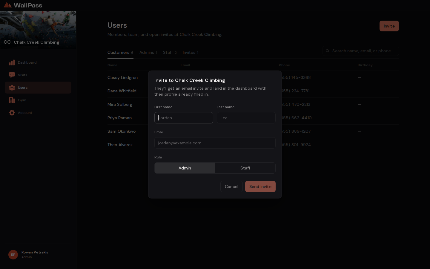 The invite dialog with name, email and an Admin/Staff toggle