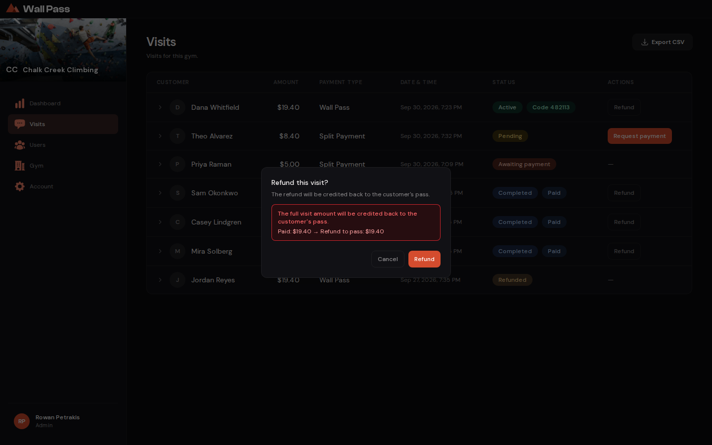 The refund confirmation dialog showing the amount going back to the pass